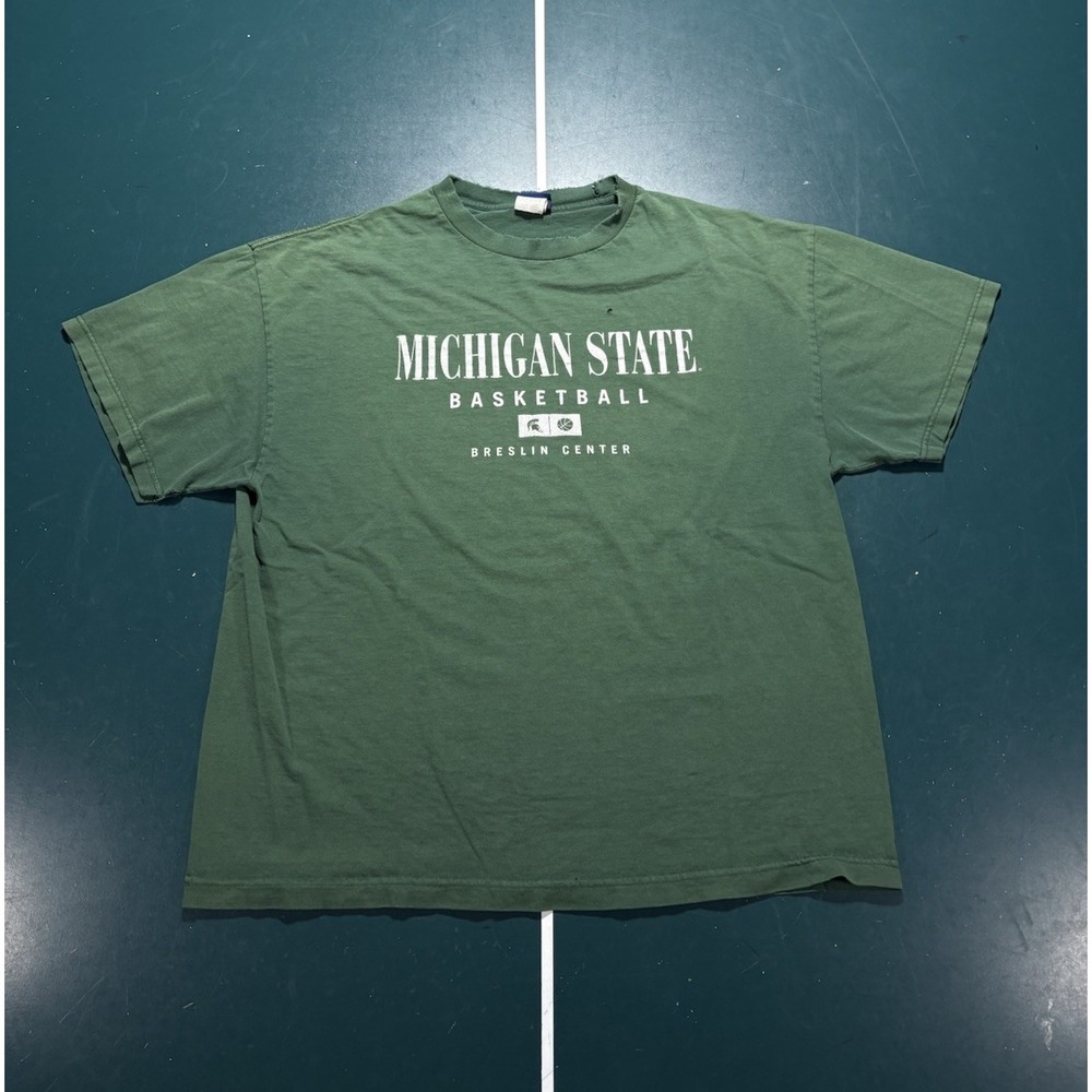 Vtg 90s Michigan State Basketball T-Shirt Men's Large Faded Green Breslin Center